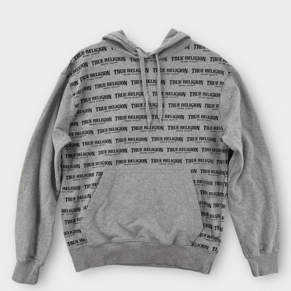 True Religion Mens Large Gray Hoodie All Over Spell Out Logo Print Sweatshirt